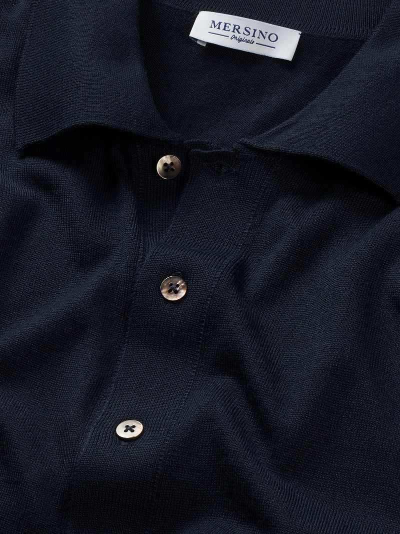 Navy Merino Long Sleeve Polo