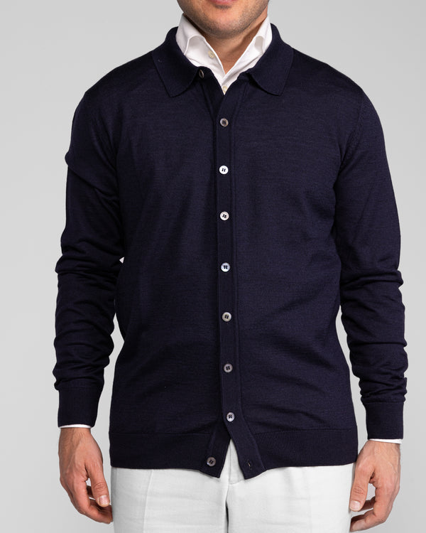 Navy Blue Silk Wool Shirt Cardigan